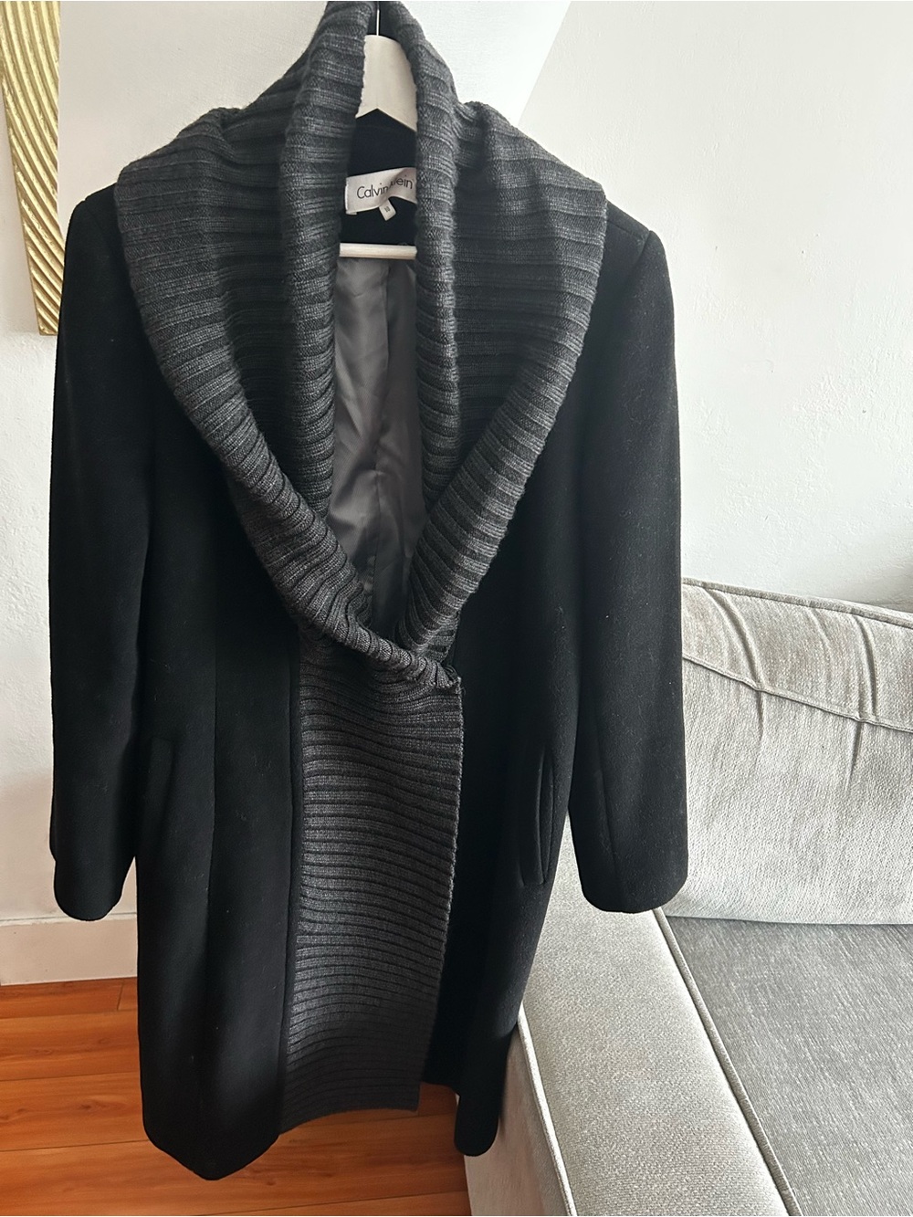 Calvin Klein Wool Blend Coat Knit Collar Black 10 Minimalist Quit Luxury Y2K 90’